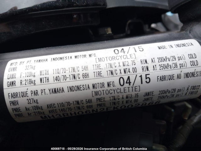 MH3RH06N2FK002866 Yamaha YZFR3