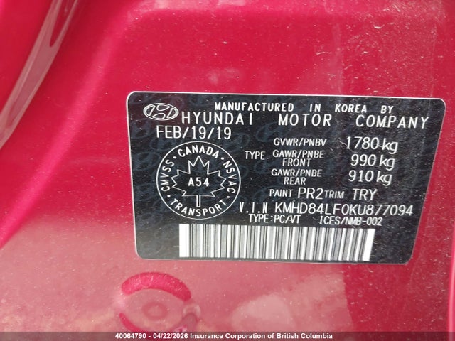 KMHD84LF0KU877094 Hyundai Elantra Sel/value/limited