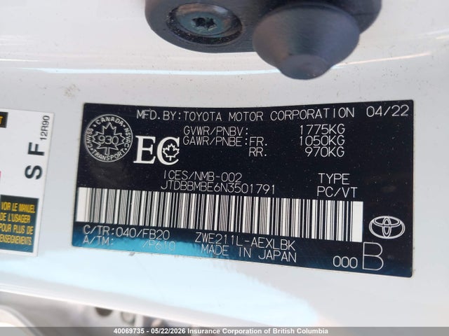 Aukcja sprzedaży 2022 Toyota Corolla, vin: JTDBBMBE6N3501791, numer aukcji: 40069735