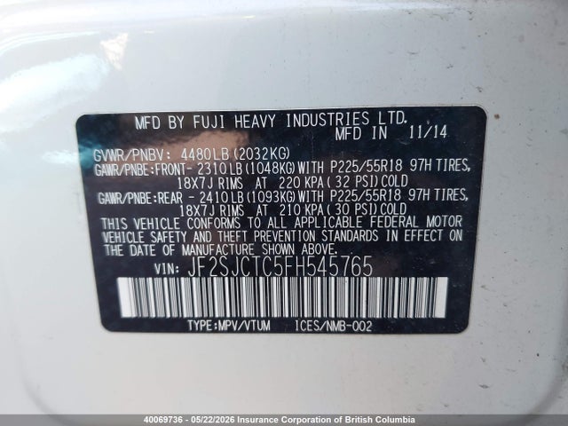 Aukcja sprzedaży 2015 Subaru Forester 2.5i Touring, vin: JF2SJCTC5FH545765, numer aukcji: 40069736