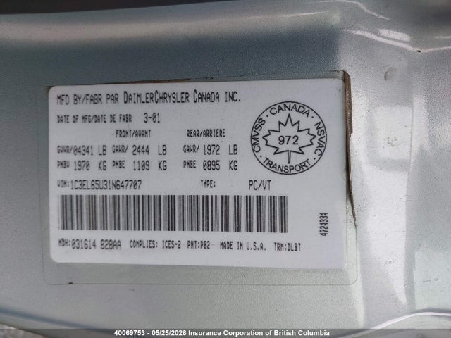 Продаж на аукціоні авто 2001 Chrysler Sebring Limited, vin: 1C3EL65U31N647707, номер лоту: 40069753