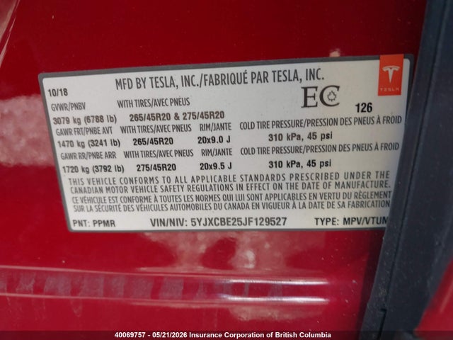 Продаж на аукціоні авто 2018 Tesla Model X Awd/standard Range, vin: 5YJXCBE25JF129527, номер лоту: 40069757