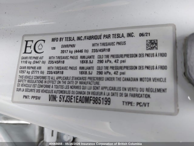 Продаж на аукціоні авто 2021 Tesla Model 3, vin: 5YJ3E1EA0MF985199, номер лоту: 40065655