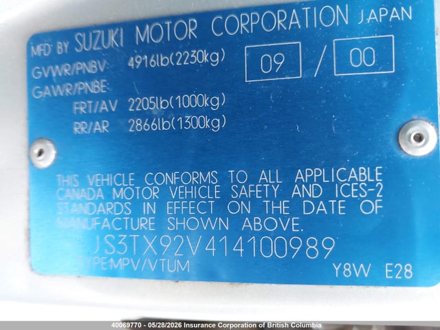 Aukcja sprzedaży 2001 Suzuki Grand Vitara Xl-7 Plus/standard/touring, vin: JS3TX92V414100989, numer aukcji: 40069770
