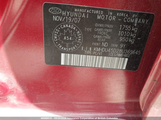 Продажа на аукционе авто 2008 Hyundai Elantra Gl/gls, vin: KMHDU45D28U369645, номер лота: 40069510