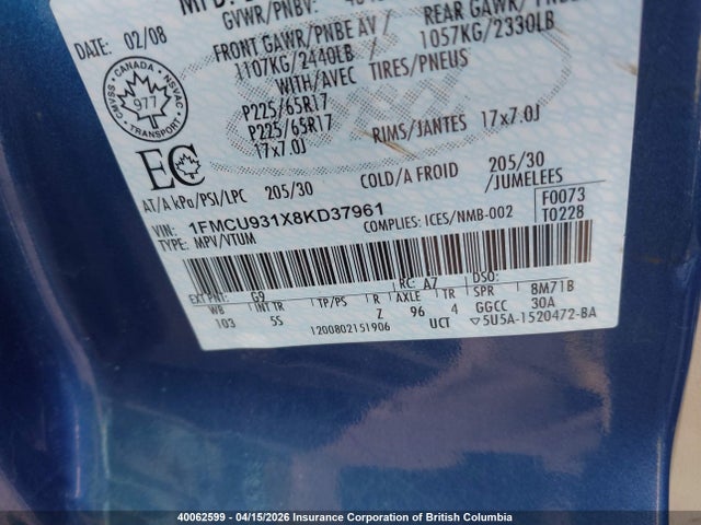 2008 Ford Escape Xlt მანქანა იყიდება აუქციონზე, vin: 1FMCU931X8KD37961, აუქციონის ნომერი: 40062599