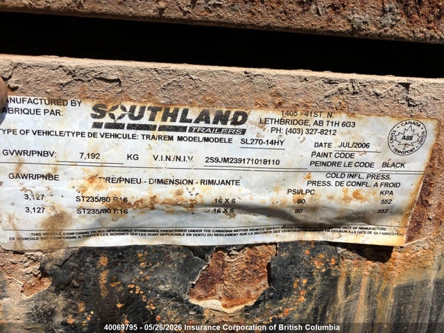 40069795 :رقم المزاد ، 2S9JM239171018110 vin ، 2007 Southland Dump Trailer مزاد بيع