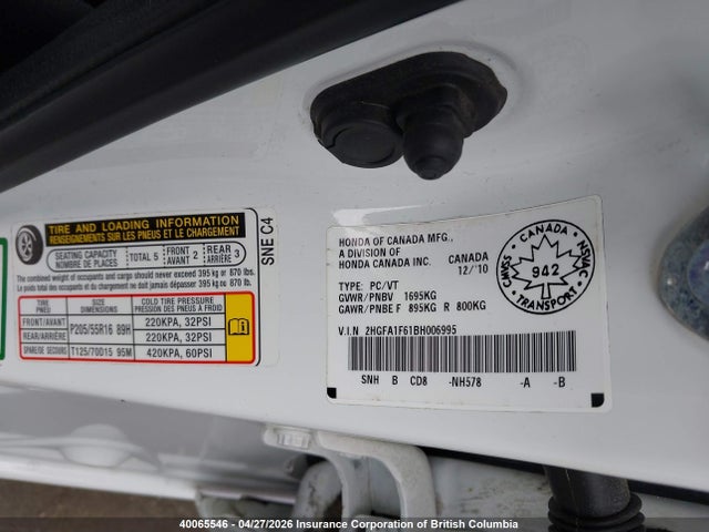 2011 Honda Civic Lx-s მანქანა იყიდება აუქციონზე, vin: 2HGFA1F61BH006995, აუქციონის ნომერი: 40065546
