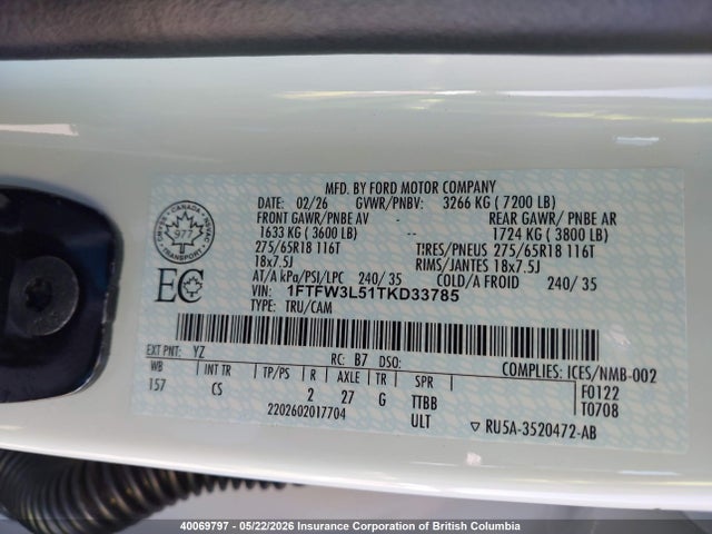 Aukcja sprzedaży 2026 Ford F150, vin: 1FTFW3L51TKD33785, numer aukcji: 40069797