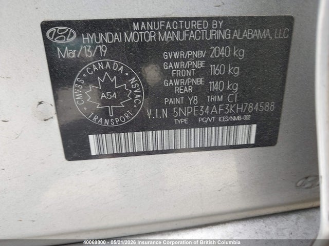 2019 Hyundai Sonata Limited/sel/sport მანქანა იყიდება აუქციონზე, vin: 5NPE34AF3KH784588, აუქციონის ნომერი: 40069800