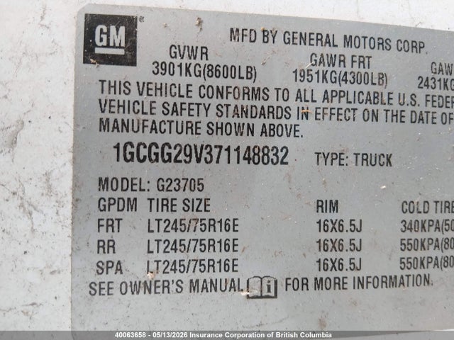 Продаж на аукціоні авто 2007 Chevrolet Express G2500, vin: 1GCGG29V371148832, номер лоту: 40063658