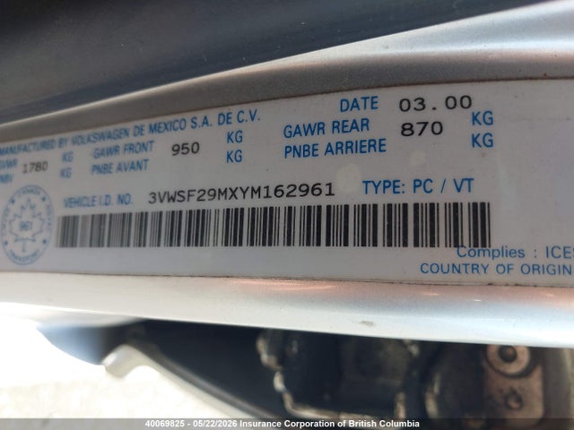 Aukcja sprzedaży 2000 Volkswagen Jetta, vin: 3VWSF29MXYM162961, numer aukcji: 40069825