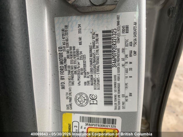 40069843 :رقم المزاد ، 3FA6P0T92ER321325 vin ، 2014 Ford Fusion Se مزاد بيع