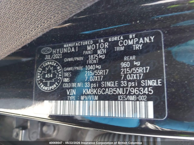 Aukcja sprzedaży 2022 Hyundai Kona, vin: KM8K6CAB5NU796345, numer aukcji: 40069847
