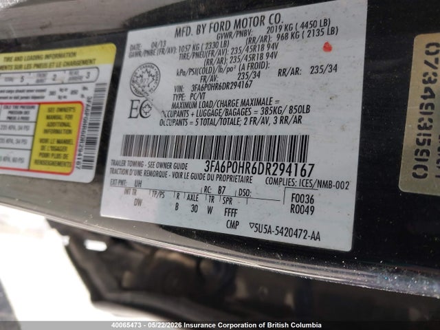 40065473 :رقم المزاد ، 3FA6P0HR6DR294167 vin ، 2013 Ford Fusion Se مزاد بيع