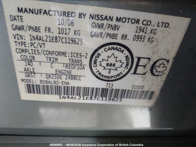 40069851 :رقم المزاد ، 1N4AL21E87C119625 vin ، 2007 Nissan Altima 2.5 S مزاد بيع