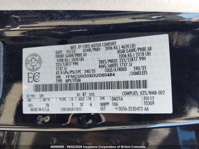 2013 Ford Escape Se მანქანა იყიდება აუქციონზე, vin: 1FMCU0GX6DUD60484, აუქციონის ნომერი: 40069856