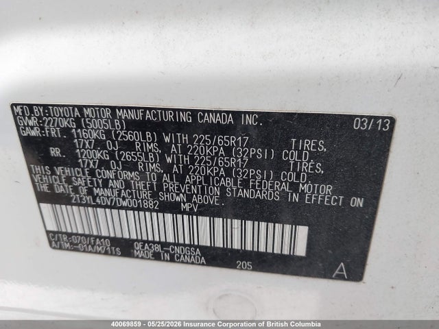 Aukcja sprzedaży 2013 Toyota Rav4, vin: 2T3YL4DV7DW001882, numer aukcji: 40069859