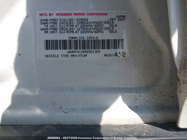 40069862 :رقم المزاد ، JA4MT41X58Z601305 vin ، 2008 Mitsubishi Outlander Xls مزاد بيع