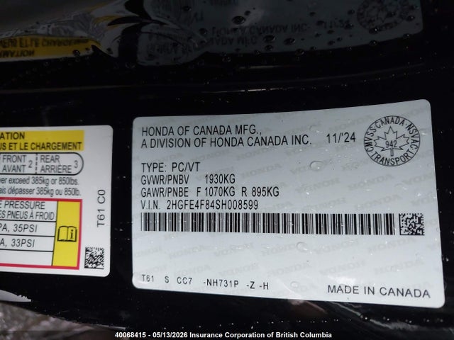 Продаж на аукціоні авто 2025 Honda Civic Sport/sport Touring, vin: 2HGFE4F84SH008599, номер лоту: 40068415