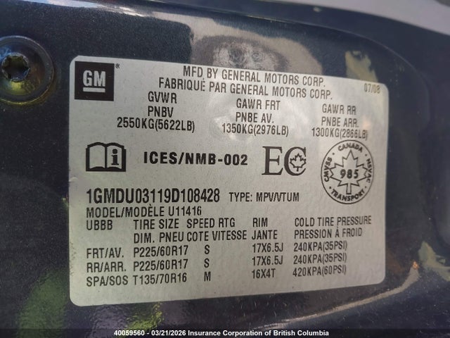 Aukcja sprzedaży 2009 Pontiac Montana Sv6, vin: 1GMDU03119D108428, numer aukcji: 40059560