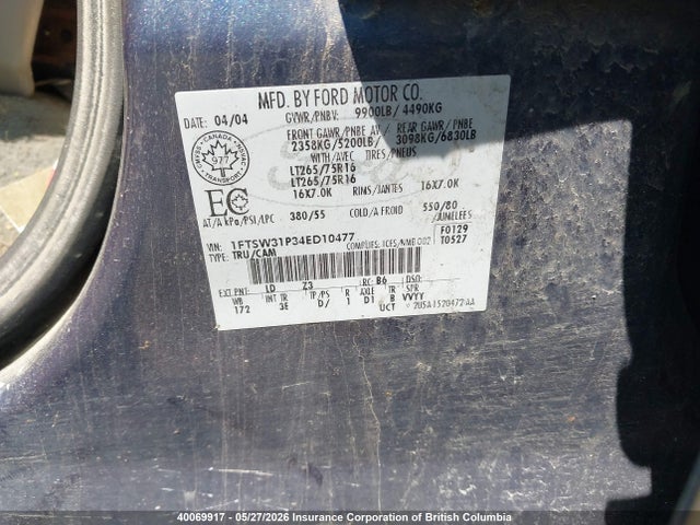 2004 Ford F350 მანქანა იყიდება აუქციონზე, vin: 1FTSW31P34ED10477, აუქციონის ნომერი: 40069917