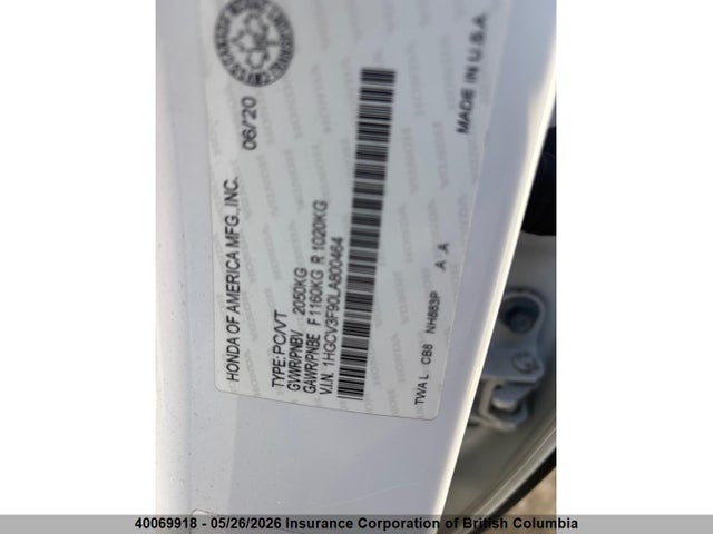 Auction sale of the 2020 Honda Accord Hybrid Touring, vin: 1HGCV3F90LA800464, lot number: 40069918