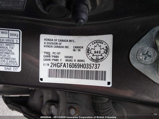 40068644 :رقم المزاد ، 2HGFA16069H035737 vin ، 2009 Honda Civic Exl مزاد بيع