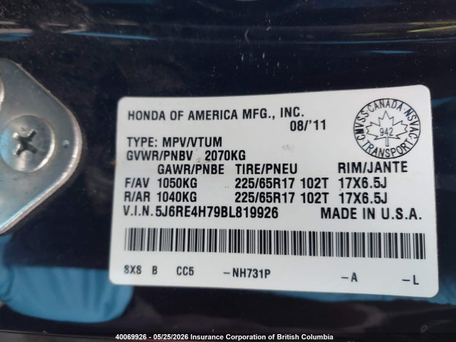 Продаж на аукціоні авто 2011 Honda Cr-v, vin: 5J6RE4H79BL819926, номер лоту: 40069926