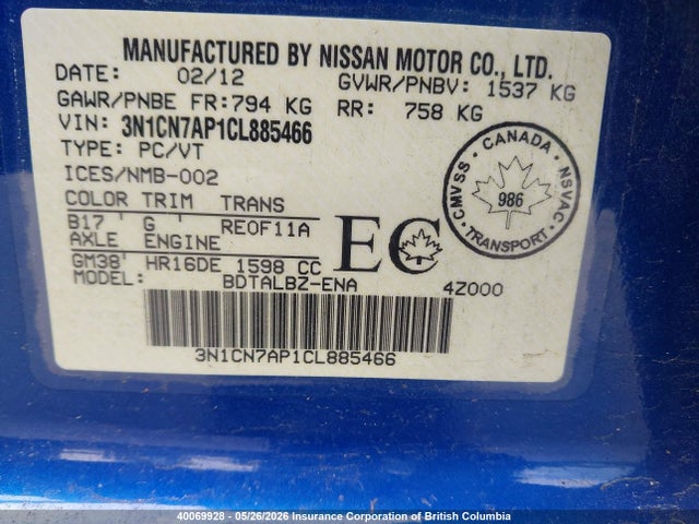 Aukcja sprzedaży 2012 Nissan Versa, vin: 3N1CN7AP1CL885466, numer aukcji: 40069928
