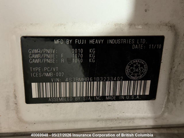 40069948 :رقم المزاد ، 4S3BMHB61B3233402 vin ، 2011 Subaru Legacy 2.5i Premium مزاد بيع