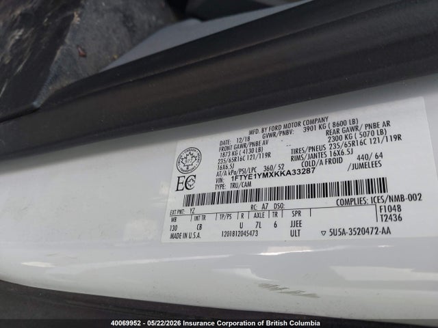 Auction sale of the 2019 Ford Transit-150, vin: 1FTYE1YMXKKA33287, lot number: 40069952