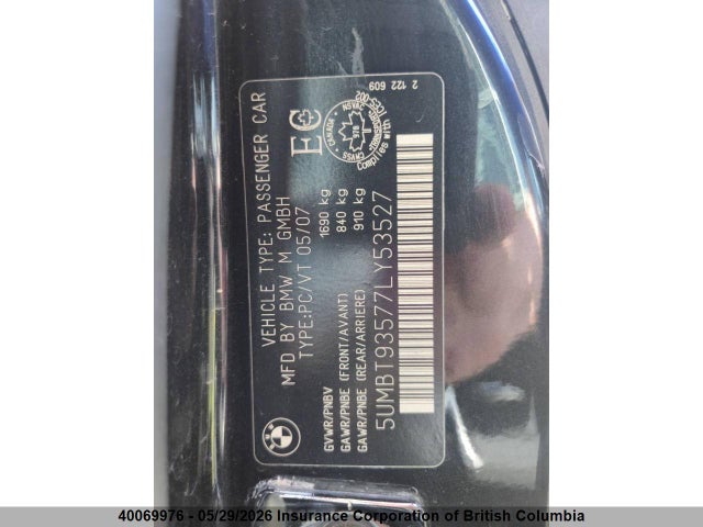 40069976 :رقم المزاد ، 5UMBT93577LY53527 vin ، 2007 Bmw M Roadster مزاد بيع