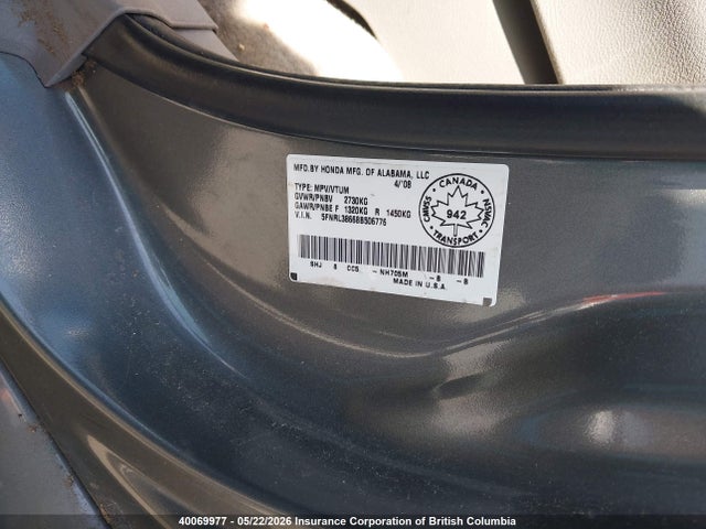 Aukcja sprzedaży 2008 Honda Odyssey Ex-l, vin: 5FNRL38668B506776, numer aukcji: 40069977