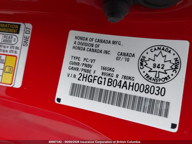 Продажа на аукционе авто 2010 Honda Civic Exl, vin: 2HGFG1B04AH008030, номер лота: 40067342