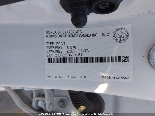 2021 Honda Civic მანქანა იყიდება აუქციონზე, vin: 2HGFC2F74MH013581, აუქციონის ნომერი: 40069980