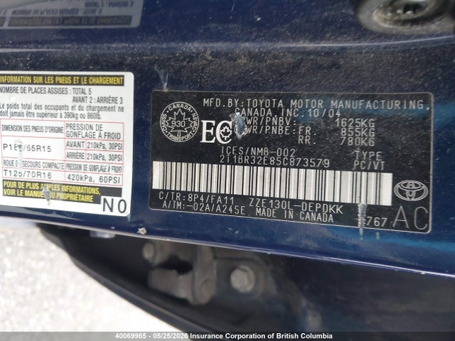 Продажа на аукционе авто 2005 Toyota Corolla Ce/le/s, vin: 2T1BR32E85C873579, номер лота: 40069985