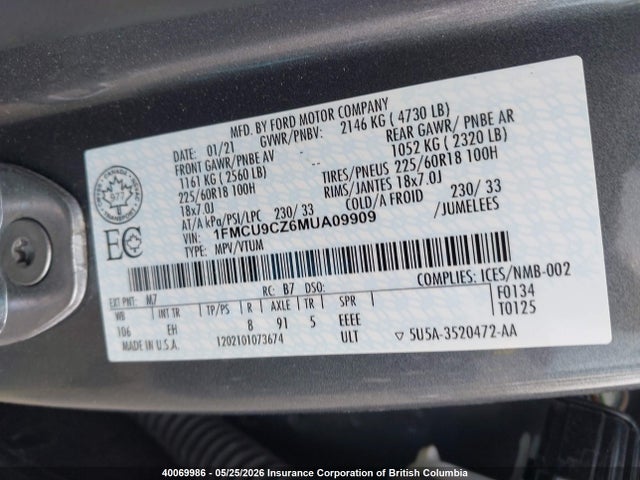 Продажа на аукционе авто 2021 Ford Escape Sel, vin: 1FMCU9CZ6MUA09909, номер лота: 40069986