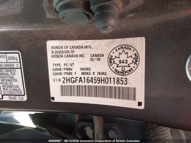 40069987 :رقم المزاد ، 2HGFA16459H011853 vin ، 2009 Honda Civic مزاد بيع