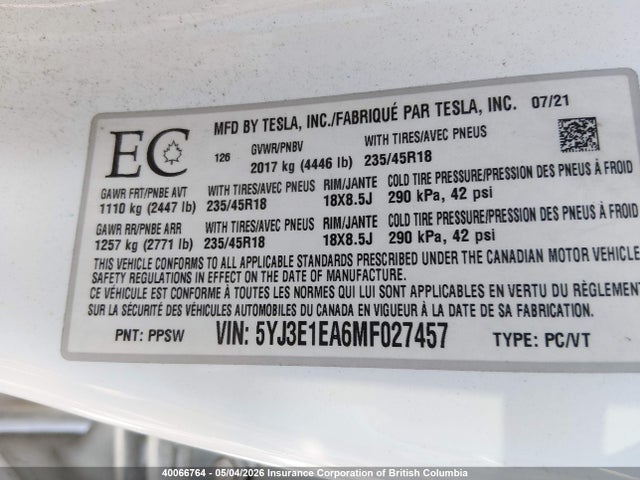 Tesla MODEL 3 2021 5YJ3E1EA6MF027457 Image 9