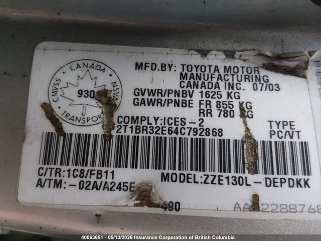 40063651 :رقم المزاد ، 2T1BR32E64C792868 vin ، 2004 Toyota Corolla Ce/le/s مزاد بيع