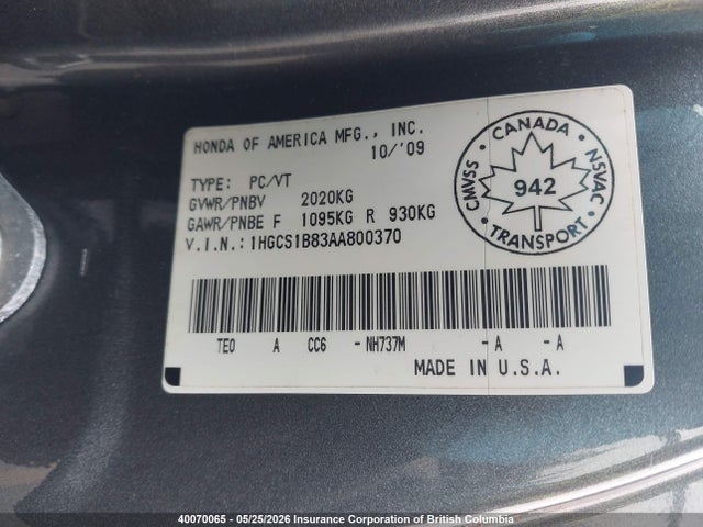 Продаж на аукціоні авто 2010 Honda Accord Exl, vin: 1HGCS1B83AA800370, номер лоту: 40070065