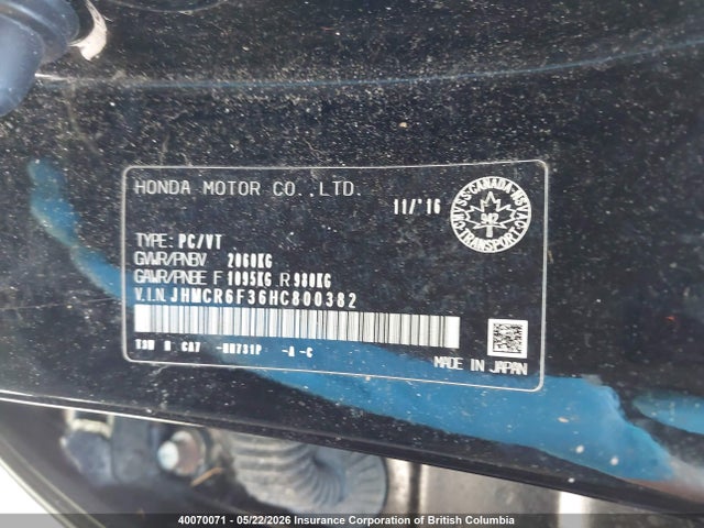 40070071 :رقم المزاد ، JHMCR6F36HC800382 vin ، 2017 Honda Accord Hybrid مزاد بيع