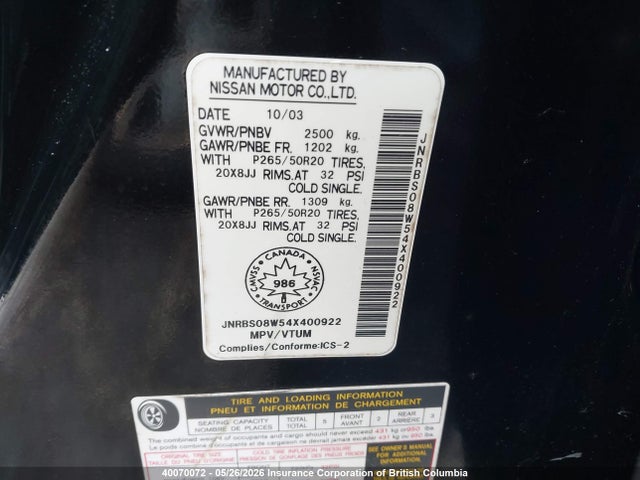 40070072 :رقم المزاد ، JNRBS08W54X400922 vin ، 2004 Infiniti Fx45 مزاد بيع