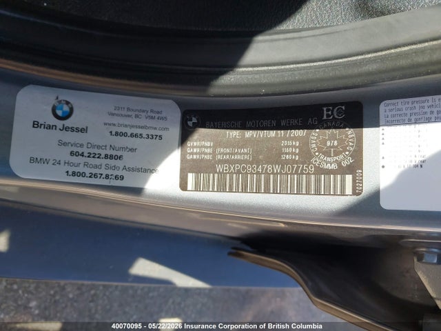 40070095 :رقم المزاد ، WBXPC93478WJ07759 vin ، 2008 Bmw X3 مزاد بيع