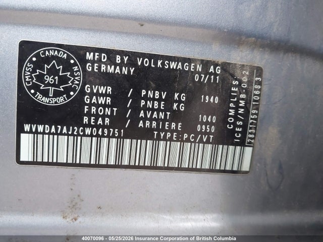 40070096 :رقم المزاد ، WVWDA7AJ2CW049751 vin ، 2012 Volkswagen Golf مزاد بيع