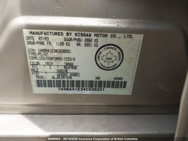 Продажа на аукционе авто 2004 Nissan Maxima Se/sl, vin: 1N4BA41E34C838251, номер лота: 40068653