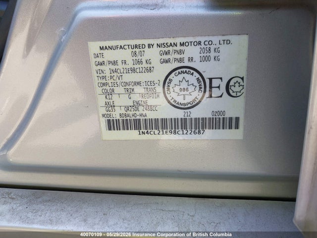 Продаж на аукціоні авто 2008 Nissan Altima Hybrid, vin: 1N4CL21E98C122687, номер лоту: 40070109