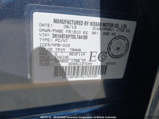 Продаж на аукціоні авто 2013 Nissan Sentra S/sv/sr/sl, vin: 3N1AB7AP7DL744189, номер лоту: 40070112