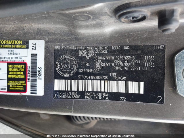 Продажа на аукционе авто 2008 Toyota Tundra Double Cab/double Cab Sr5, vin: 5TFCV54188X005738, номер лота: 40070117